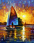 油画 夕阳帆船