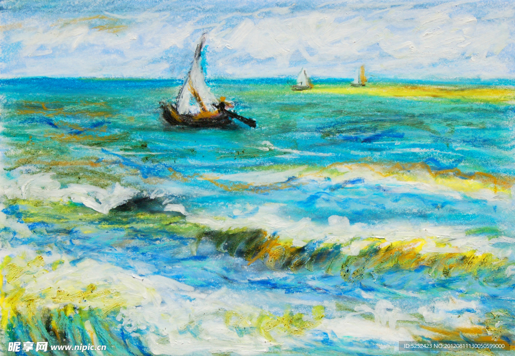 油画 海浪帆船