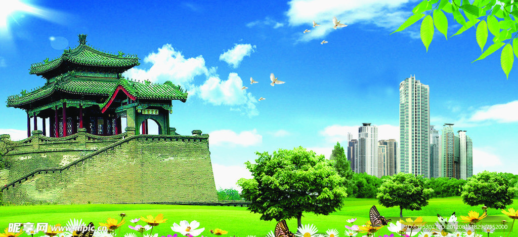 蓝天风景花朵丛台