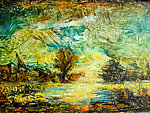 油画 夕阳湖景