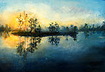 油画 落日湖景