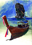 油画 长尾渔船