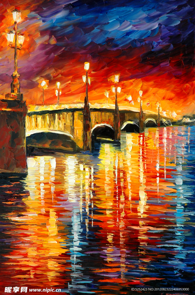 油画 石桥夜景