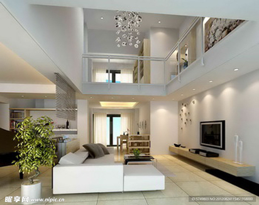 现代白色调复式客厅模型