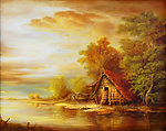 油画 河流木屋