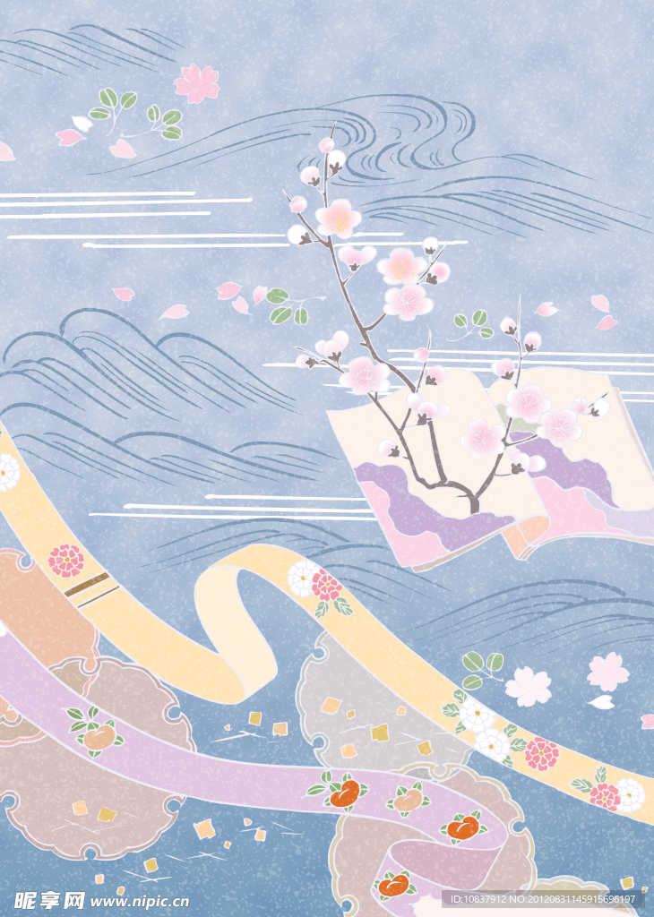 日本风景花卉组合设计图案