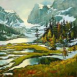 油画 雪山河流