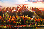 油画 雪山森林