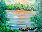 油画 湖泊小舟