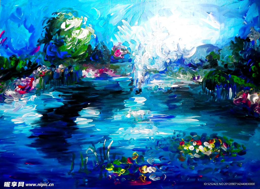 油画 蓝色的湖泊