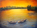 油画 湖水小舟