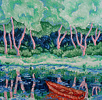 油画 小河木船