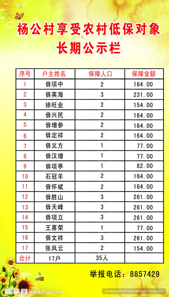 农村低保公示栏