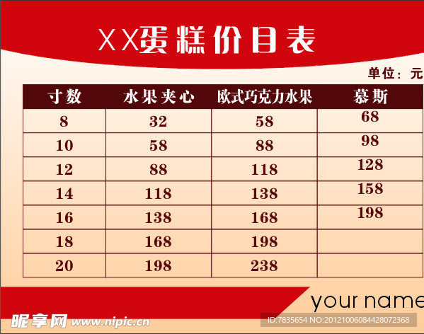 蛋糕店价目表