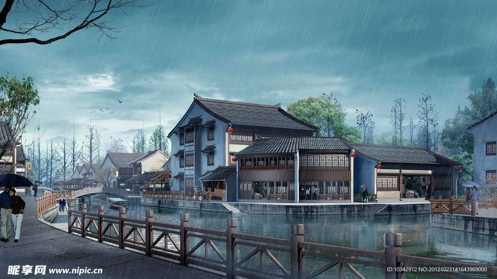 江南古民居雨景图