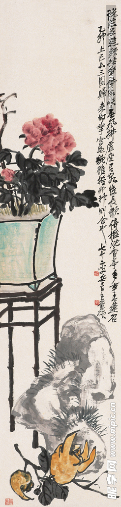 设色国画牡丹盆景