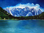 油画 雪山湖泊