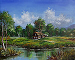 油画 河岸小木屋