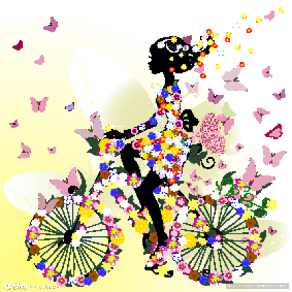 满身鲜花蝴蝶骑着自行车的美女