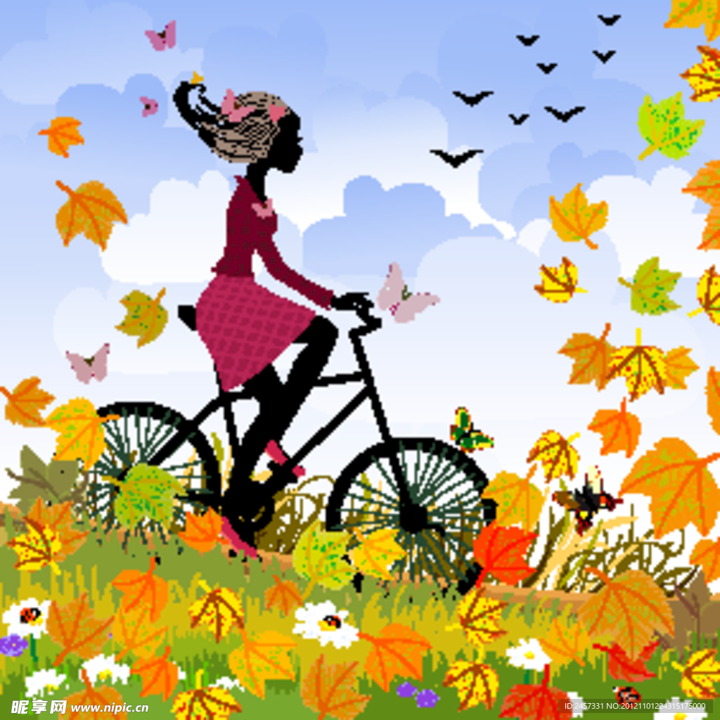 秋天骑着自行车的美女