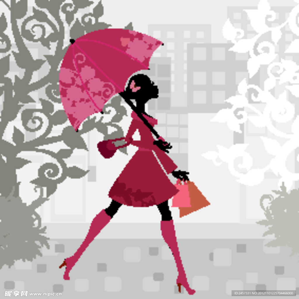 打着雨伞漫步的都市女郎