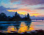 油画 夕阳湖景