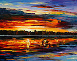 油画 落日湖景