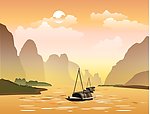 山水风光（夕下舟）矢量