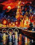 油画 滨河夜景