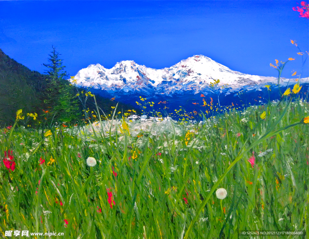 油画 雪山草地