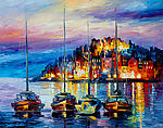 油画 夜晚海港
