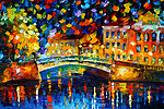 油画 石桥夜景