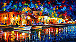 油画 滨河夜景