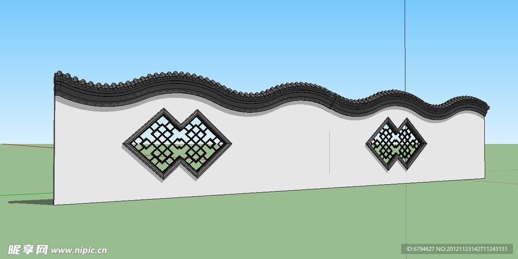 古建模型 波浪式围墙
