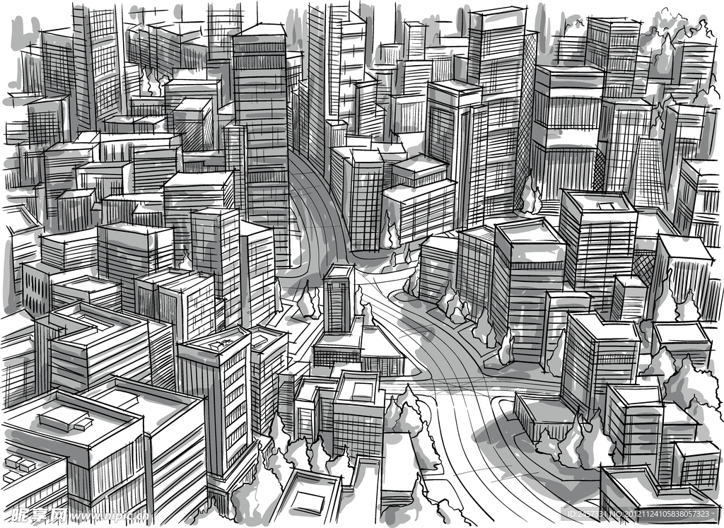 素描城市建筑群