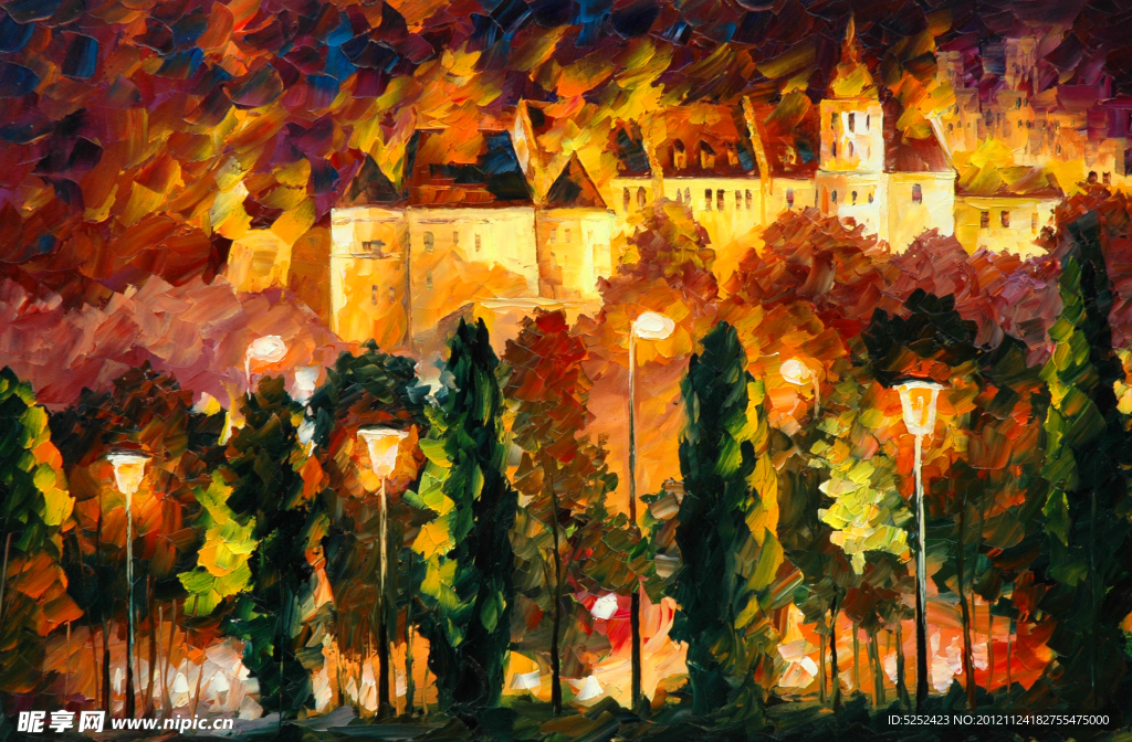 油画 城堡夜景