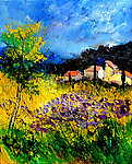 油画 山村花开