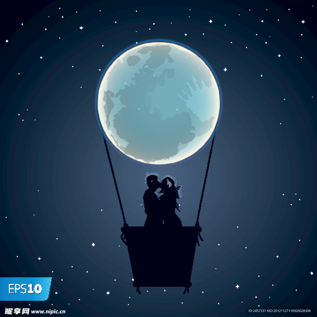 圆月夜热气球上亲吻的情侣