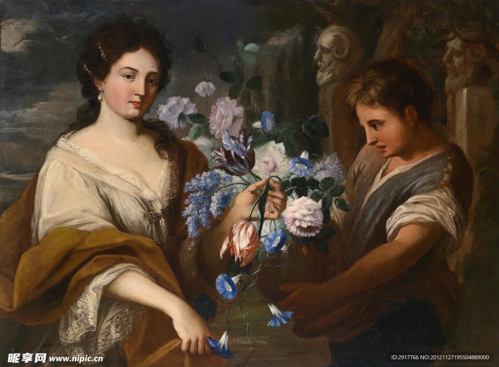 一位女士与一个手持花瓶的年轻人