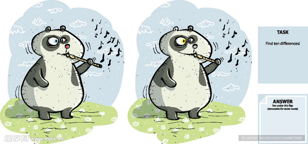 找不同图片 卡通吹笛子的熊猫