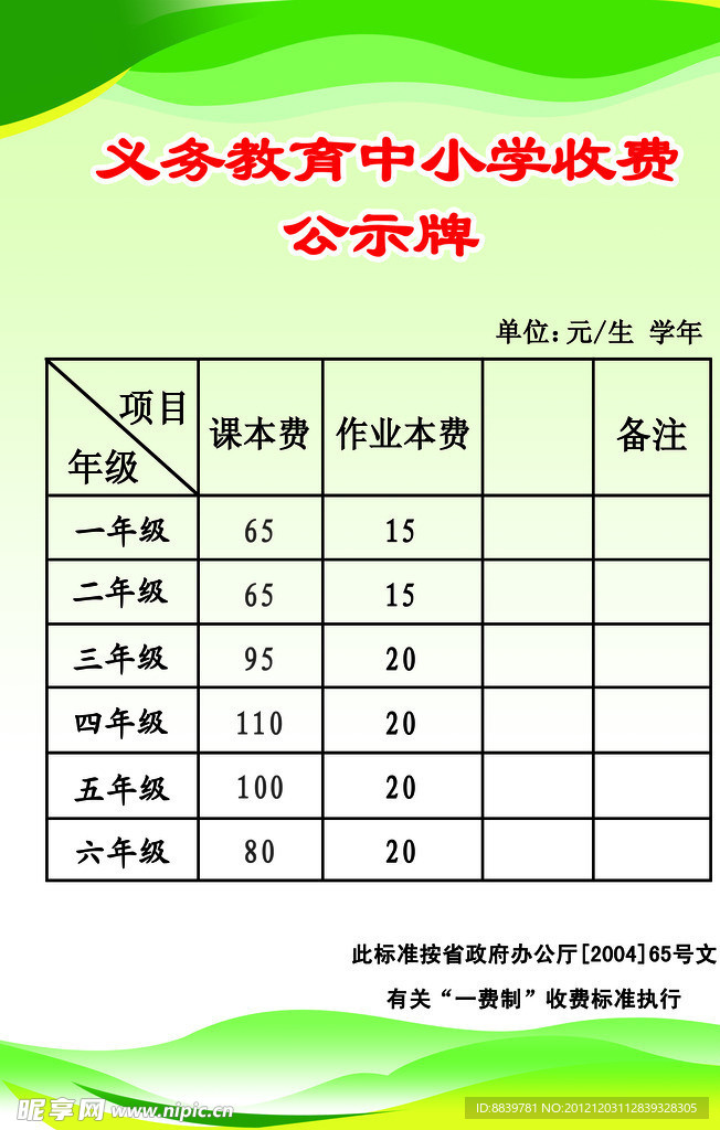 中小学收费公示牌