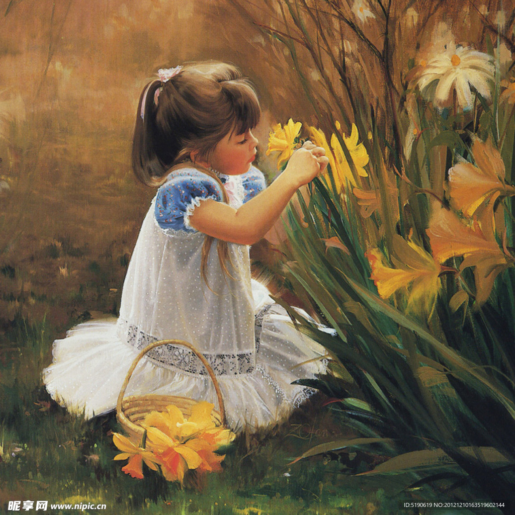 坐着草地上摘花的女孩油画
