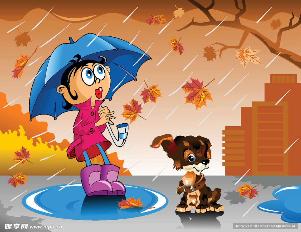 落叶秋雨中的卡通儿童小狗