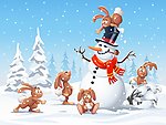 卡通打雪仗的兔子雪人 圣诞背景