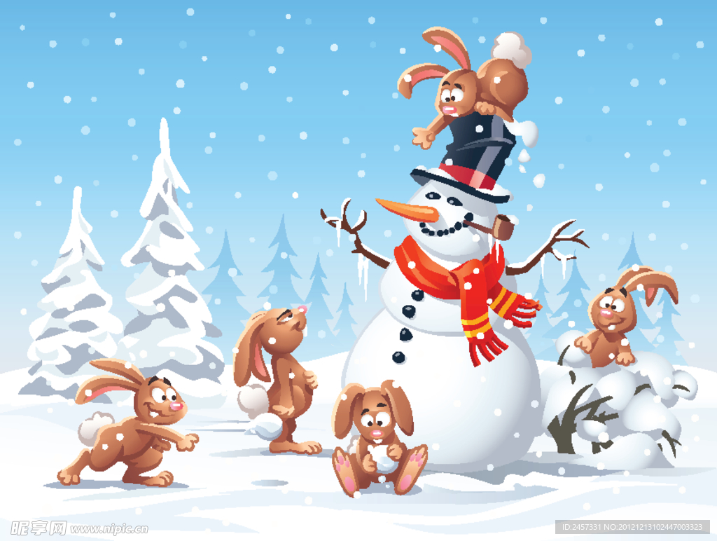 卡通打雪仗的兔子雪人 圣诞背景
