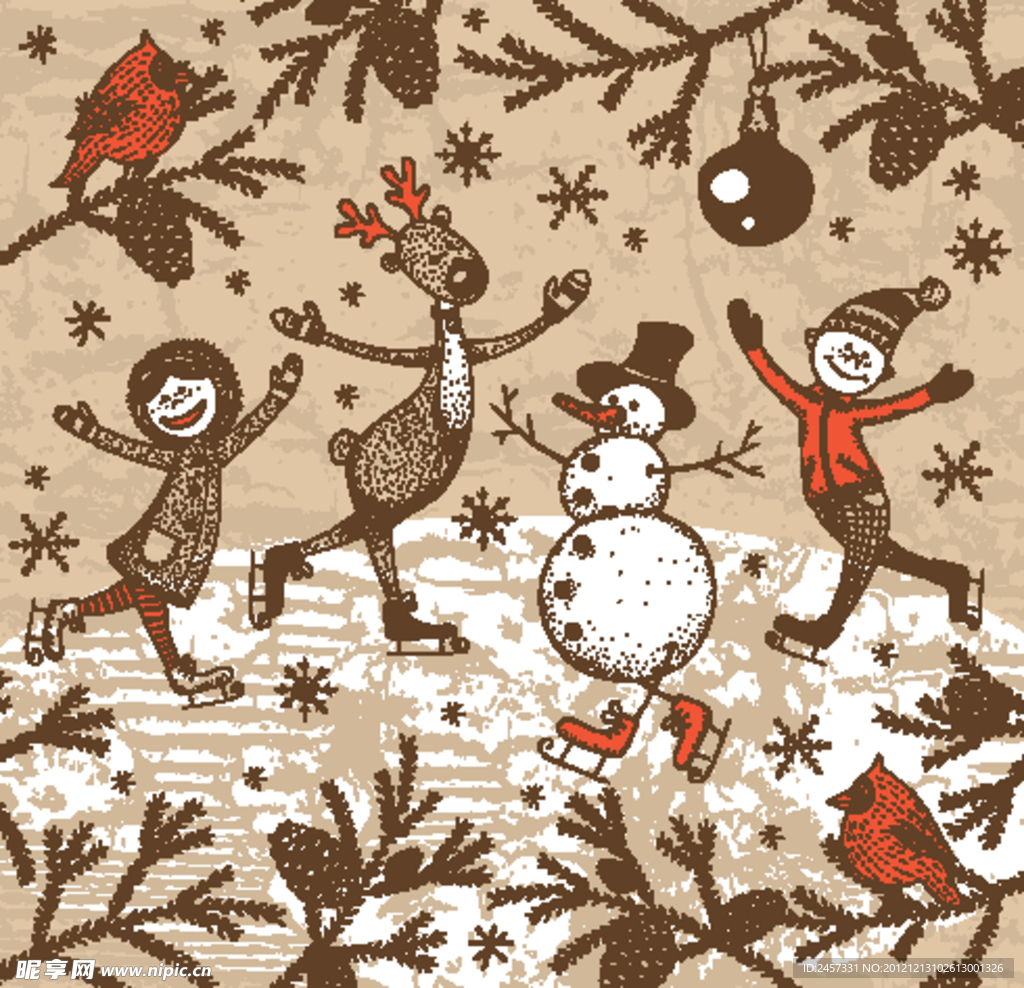 快乐儿童雪人小鸟 圣诞背景