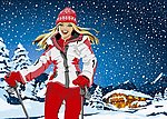 卡通雪天滑雪女孩