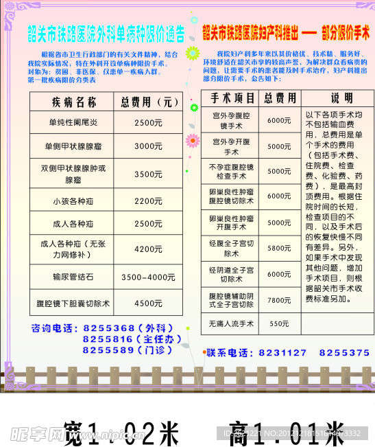 铁路医院妇科手术限价宣传栏