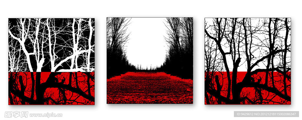 黑白红树景无框画