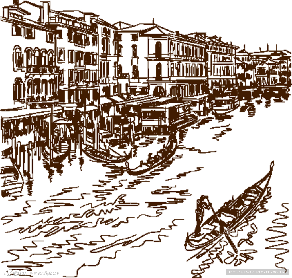 素描沿海城市建筑